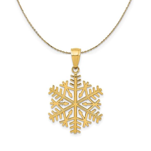 14k Yellow Gold 3D Aspen Snowflake (3/4 Inch) Necklace - 20 In